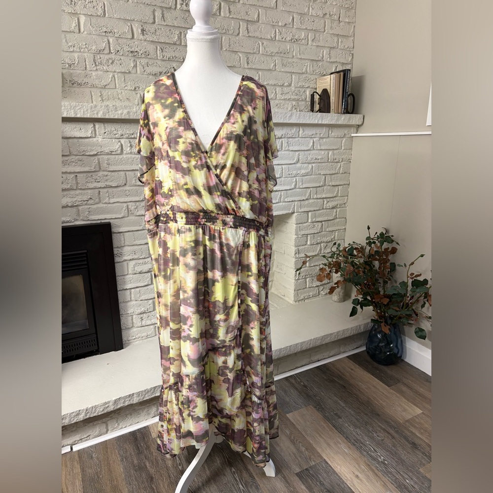 Addition Elle Watercolor Wrap Maxi Dress in Yellow and MauveSize 4XL